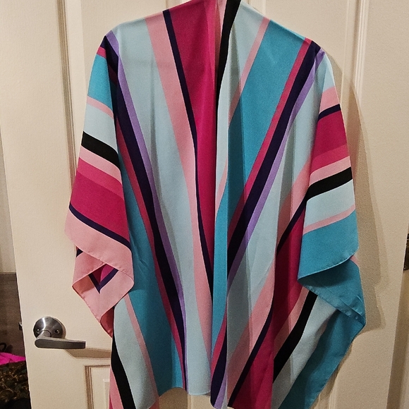 Cozy Pink and Blue Nylon Cape with Bold Stripes - Picture 2 of 2